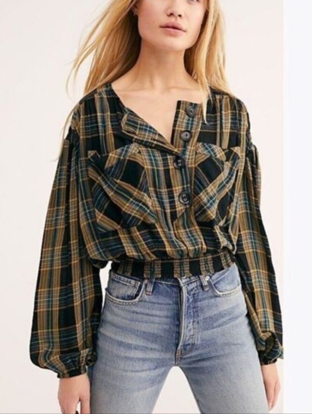 Free People Plaid Smocked-Hem Button Front Top Navy Blue Plaid Size Small